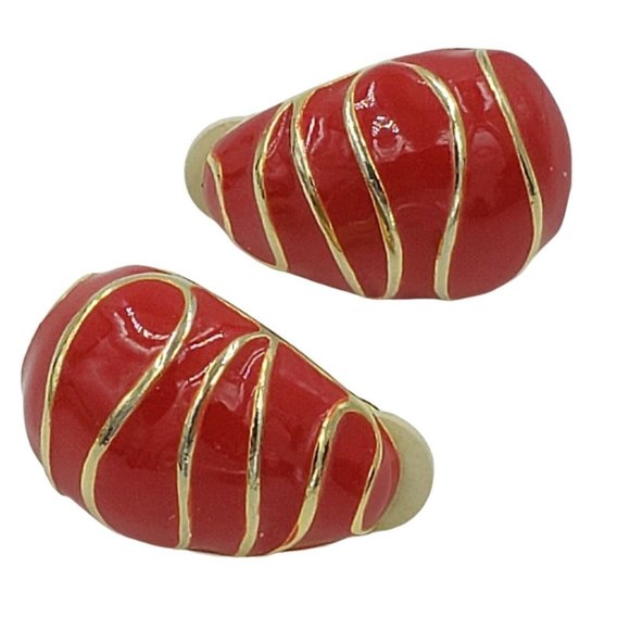M Jent Clip On Earrings Red Gold Enamel Signed Vintage1980’s - Picture 6 of 12